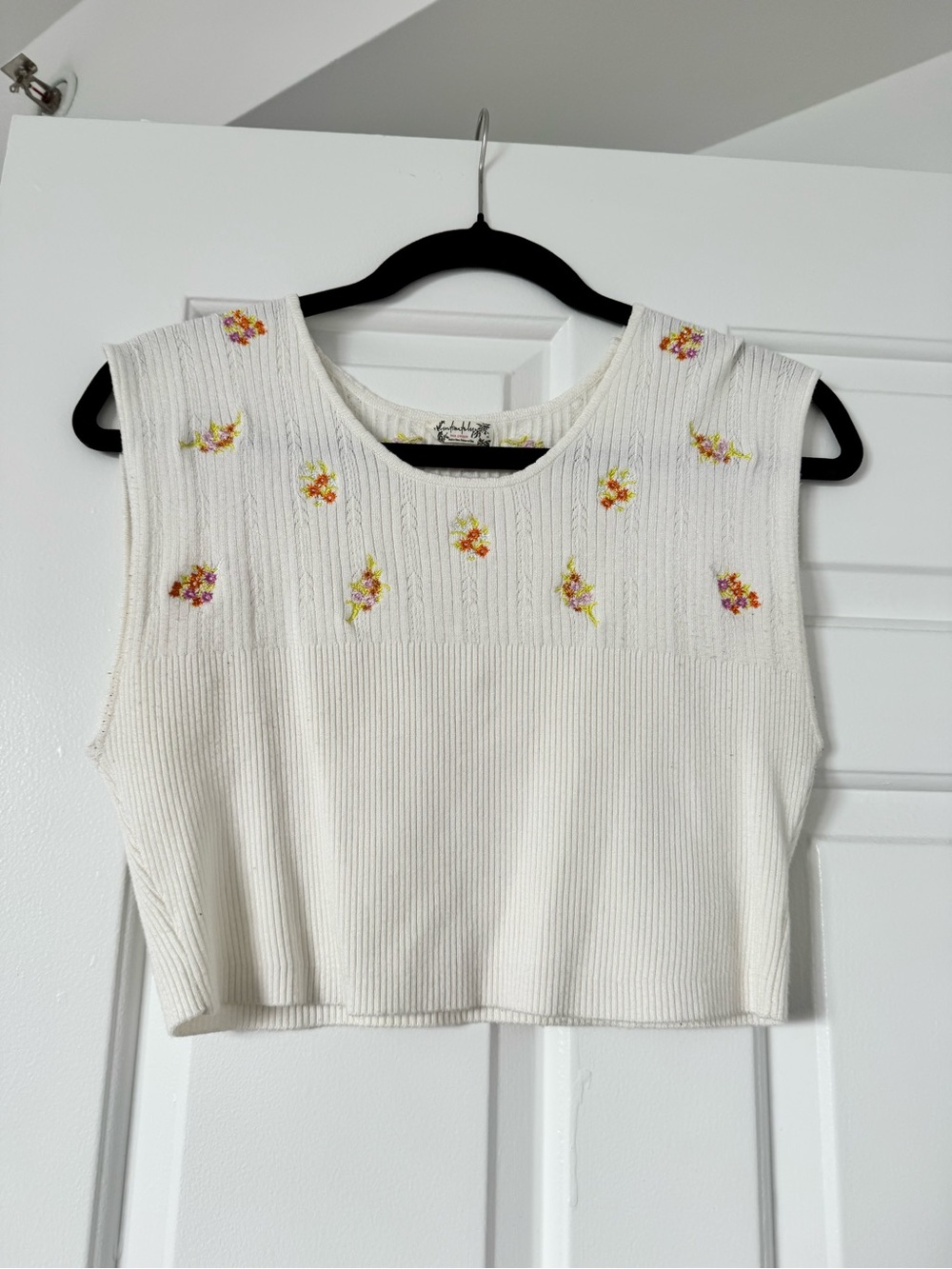 Free People White Ribbed Cropped Tank with Multicolor Floral Embroidery